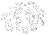 istock Mail fly around globe earth graphic black white isolated sketch illustration vector 1350595866