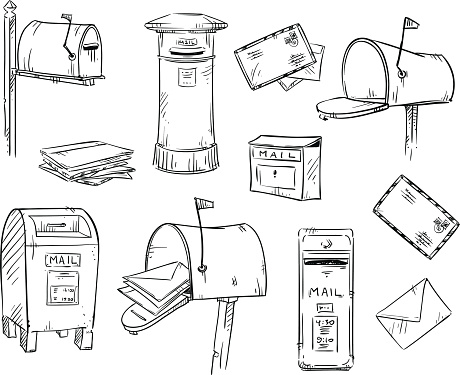 Mailboxes and letters, vector sketch