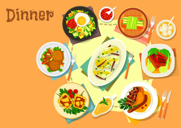 bildbanksillustrationer, clip art samt tecknat material och ikoner med huvudsakliga lunch rätter ikonen för mat temadesign - fisk med stekt svamp
