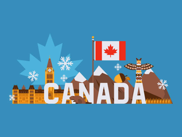 Main tourist symbols of Canada, vector illustration. Canadian flag with red maple leaf, mountains, totem pole, parliament building in Ottawa. Flat style collage Main tourist symbols of Canada, vector illustration. Canadian flag with red maple leaf, mountains, totem pole, parliament building in Ottawa. Flat style collage on blue background with simple elements canada illustrations stock illustrations