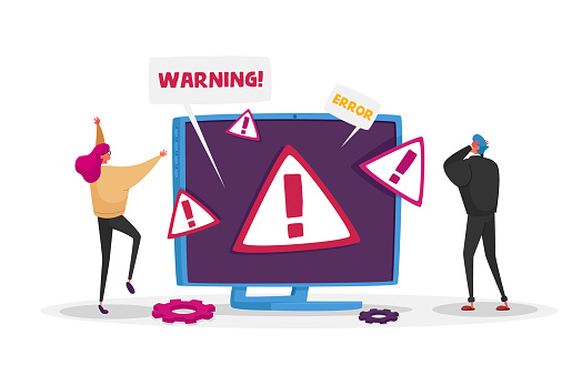 404 Maintenance Error, Page Not Found, Site Under Construction Concept with Tiny Male and Female Characters at Huge Computer Monitor with Internet Problem Warning. Cartoon People Vector Illustration