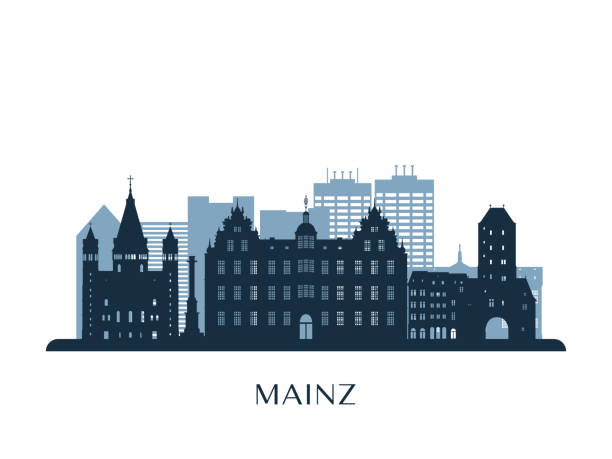 skyline von mainz, monochrome silhouette. vektor-illustration. - mainz stock-grafiken, -clipart, -cartoons und -symbole