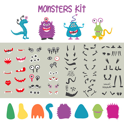 Make a monster icons set, with alient eyes, mouths, ears and horns, wings and hand body parts. Vector illustration