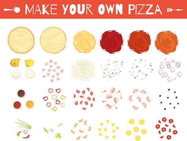 illustrazioni stock, clip art, cartoni animati e icone di tendenza di fare creare pizza set cartone animato - mozzarella