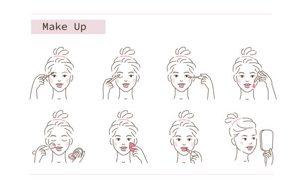 make up Beauty Girl Applying Face Makeup with Brushes and Sponges. Woman use Mascara, Facial Foundation, Serum and other  Make Up Beauty Products. Cosmetics Concept. Flat Vector Illustration and Icons set. applying blush stock illustrations
