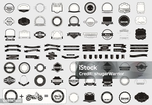 istock Make your labels or symbol concept set. Retro typography, badges, symbols, borders, ribbons, emblem, stamp, and objects. Vector design templates. 1098347600
