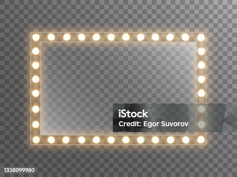 istock Makeup mirror with light. Dressing mirror with bright bulbs. Rectangle glass with reflection for poster, brochure or web. Illuminated frame on transparent backdrop. Vector illustration 1338099980