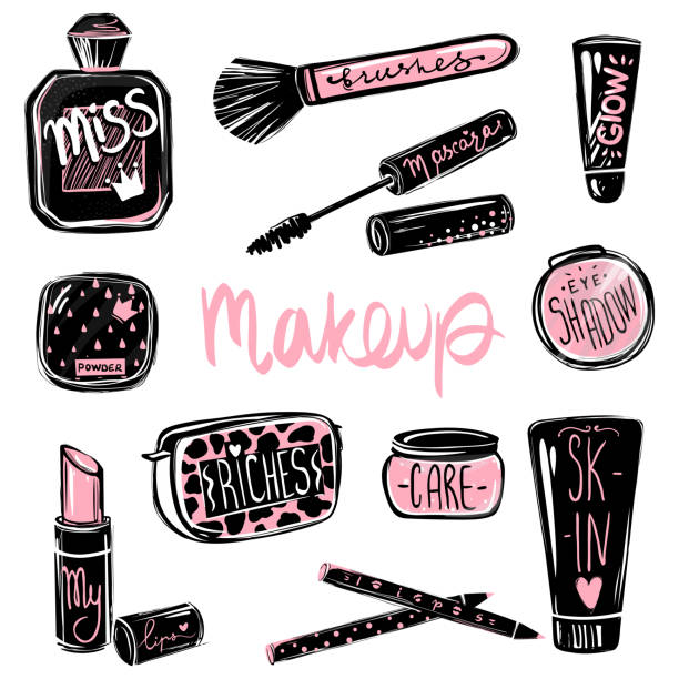 Makeup vector set. Mascara, lipstick, eye shadows, brush, foundation,...