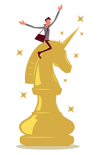 Making a Unicorn Startup (business), Chess and Business Strategy or Industrial Strategy, Businessman riding on a big chess piece with a Unicorn symbol