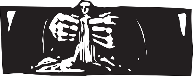 Woodcut style expressionist image of god forming man from clay. vector