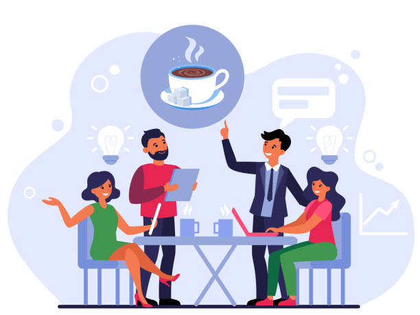 Making order in coffee shop Making order in coffee shop. Group of people at table with hot drinks and waiter flat vector illustration. Meeting, coffee break, friendship concept for banner, website design or landing web page sunday coffee stock illustrations