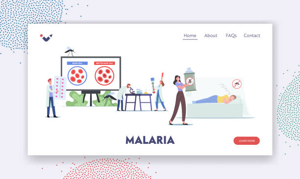 stockillustraties, clipart, cartoons en iconen met malaria landing page template. scientists characters learning malaria sickness. tiny doctor at huge infographics - malaria