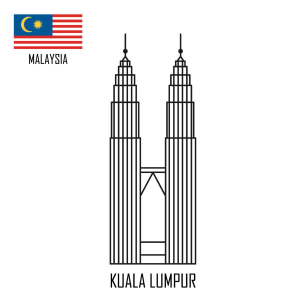 Malaysia landmark. Petronas Towers at Kuala Lumpur Malaysia landmark. Towers at Kuala Lumpur and Malaysian flag. Vector illustration. petronas towers stock illustrations