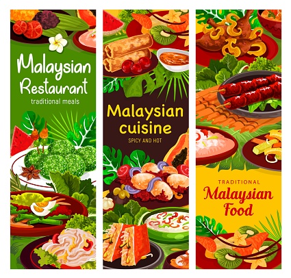 Malaysian cuisine banner, vegetable, meat, seafood