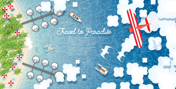 ilustrações de stock, clip art, desenhos animados e ícones de maldives summer background with sea, tropical beach, palms, hotel, clouds and airplane. - aerial boat