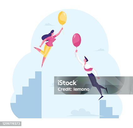 istock Male and Female Business Characters Flying Up with Air Balloons. Businessman and Businesswoman Career Development, Success, Outstanding Persons Uniqueness Concept. Cartoon People Vector Illustration 1219719373