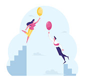 istock Male and Female Business Characters Flying Up with Air Balloons. Businessman and Businesswoman Career Development, Success, Outstanding Persons Uniqueness Concept. Cartoon People Vector Illustration 1219719373