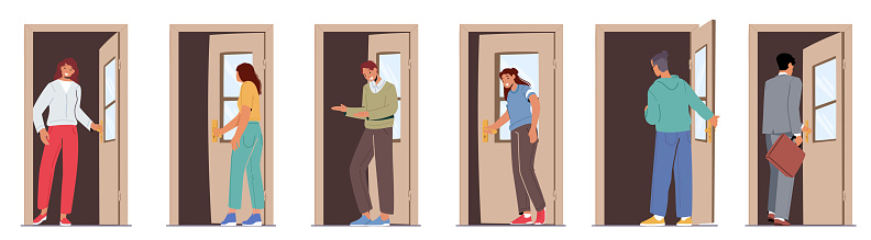 Male and Female Characters Opening Door, Men, Women, Business Persons Enter Open Doorway Isolated on White Background. People Leaving Home, Entrance to Apartment or Office. Cartoon Vector Illustration