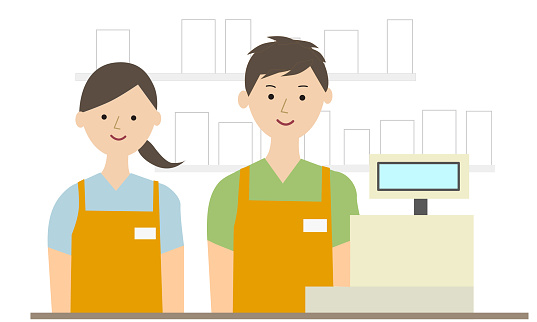 Male and female clerk smiling at cash register vector illustration