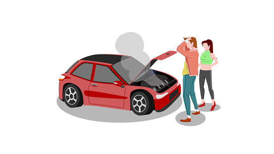 Male and female couple standing stressed in front of the car. Car was damaged by the radiator overheating the limit.