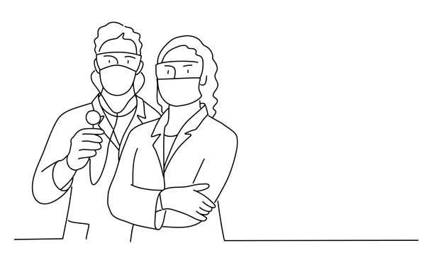 Male and female doctors with a masks. Line drawing vector illustration of male and female doctors with a masks. doctor drawings stock illustrations
