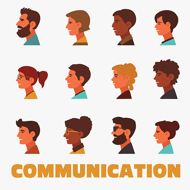Male and female faces avatars in modern design style Group of happy smiling young people. Male and female faces avatars in modern design style. Communication, assistance and connection vector concept side view stock illustrations