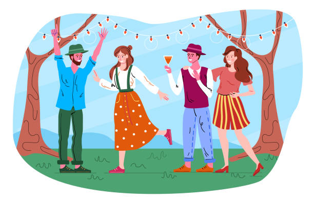 stockillustraties, clipart, cartoons en iconen met de mannelijke en vrouwelijke vrienden werpen retro tuinpartij - family garden,party