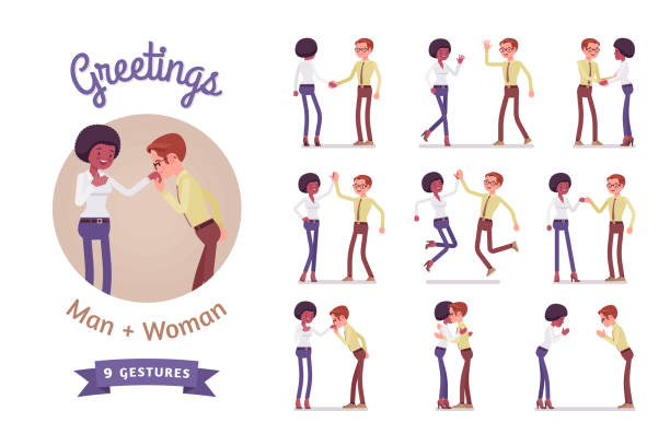 ilustrações de stock, clip art, desenhos animados e ícones de male and female greeting set - olá e negócios e feliz