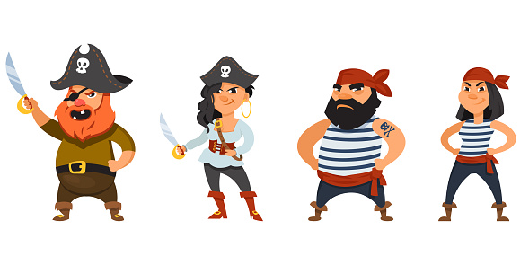 Male and female pirates with hands on belt.