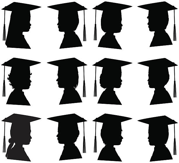 Male and Female Profiles in Graduation Caps Vector silhouettes of Male and Female Profiles wearing Graduation Caps with tassels. graduation silhouettes stock illustrations