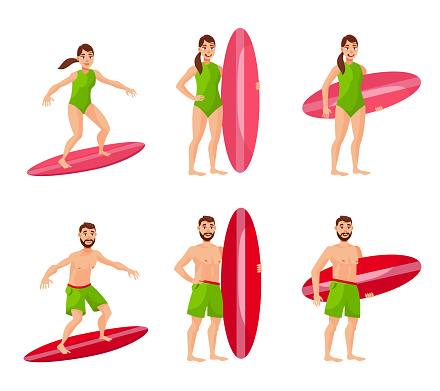 Male and female surfers in different poses.