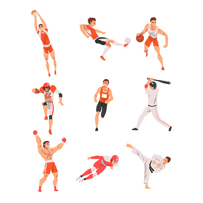 Male Athlete Character in Sports Uniform set, Volleyball, Soccer, Basketball, Baseball, Rugby Players, Karate Fighter, Short Track Skater, Boxer Vector Illustration