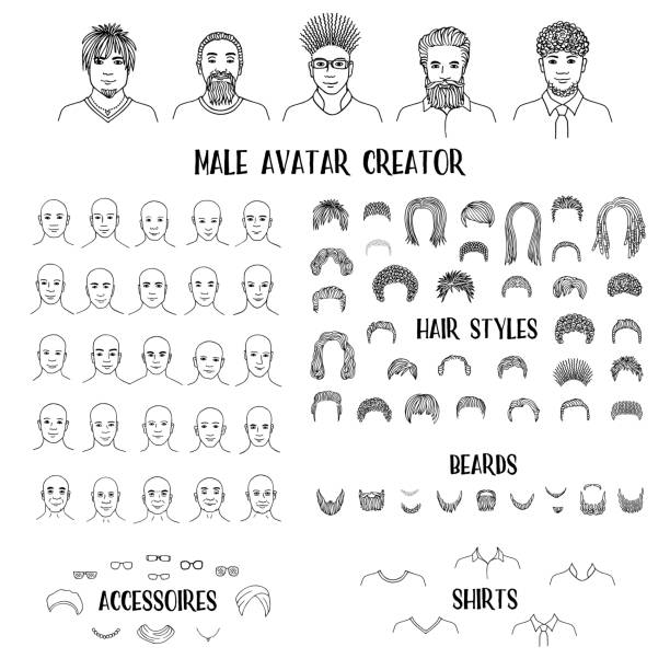 Male avatar creator Hand drawn faces and hairstyles to create your own personal profile picture avatar drawings stock illustrations