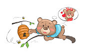 Male bear going to take honey from hive full of bees as a present for his lovelly teddy-bear girlfriend, female worried about boyfriend vector illustration isolated