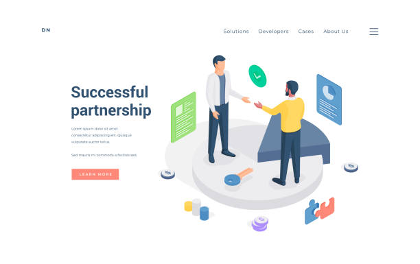 Male business partners making agreement isometric vector illustration Male business partners making agreement. Isometric men shaking hands while standing on chart with key and representing successful partnership on website banner vector illustration coalition stock illustrations