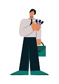 Male cartoon character with briefcase sampling colorful test tube big limbs style. Business man posing with collection of colourful specimen substance vector flat illustration isolated on white