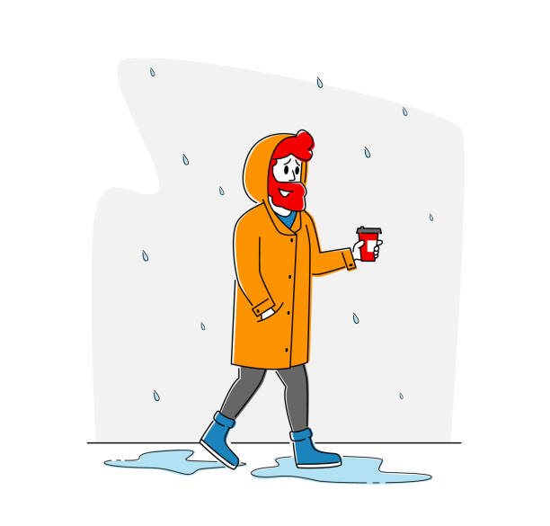 stockillustraties, clipart, cartoons en iconen met mannelijk karakter in cloak holding coffee cup walk zonder paraplu onder regen die van hemel valt. herfst herfst regenseizoen - walking with coffee