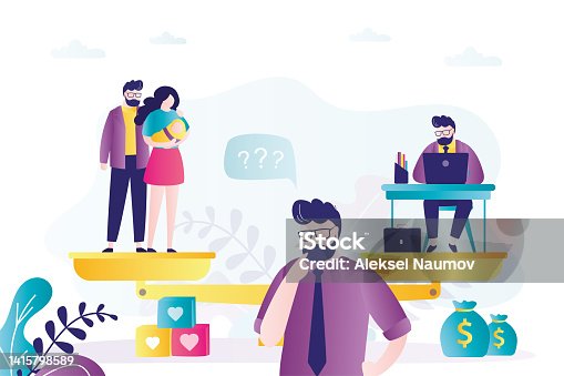 istock Male character makes difficult decision. Worker man chooses between family and career. Love couple and businessman on scales. Time management. Balance between leisure and work. 1415798589
