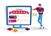 Male Character Negative User Experience Online Review. Displeased Client Leave Bad Feedback for Internet Services. Ranking Evaluation and Rating Classification Concept. Cartoon Vector Illustration