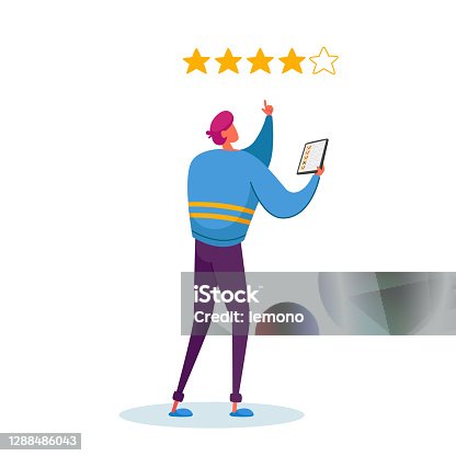 istock Male Character with Smartphone in Hands Put Gold Rating Stars in App. Customer Leaving Feedback, Ranking Evaluation 1288486043