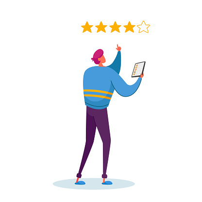 Male Character with Smartphone in Hands Put Gold Rating Stars in App. Customer Leaving Feedback, Ranking Evaluation, Online Survey. Client Vote in Internet, Satisfaction. Cartoon Vector Illustration