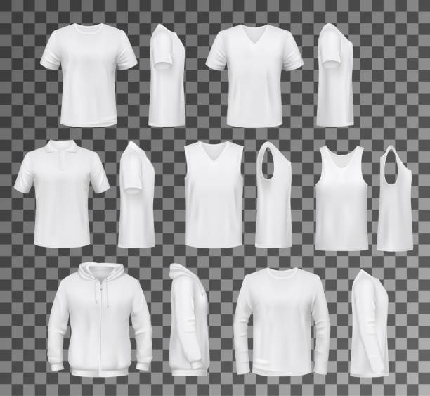 Male clothes isolated tops, shirts and hoodie T-shirt templates, hoodie and sweatshirt, polo and singlet or sleeveless shirt. Vector male clothes white mockups, casual garments design. Everyday mens outfits or apparels isolated on transparent hoodie stock illustrations