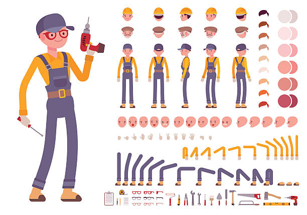 Male construction worker creation set Male construction worker creation set. Build your own design. Cartoon vector flat-style infographic illustration cap hat stock illustrations