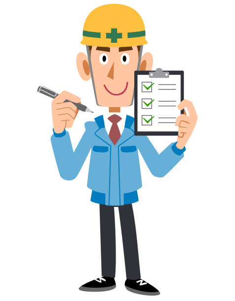Male construction worker holding a checklist Male construction worker holding a checklist construction worker safety checklist stock illustrations