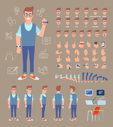 Male Designer character creation set with various views, face emotions, poses and gestures.