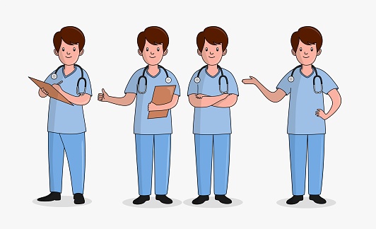 Male doctor cartoon character set, Handsame man doctor in different poses, medical worker or hospital staff.