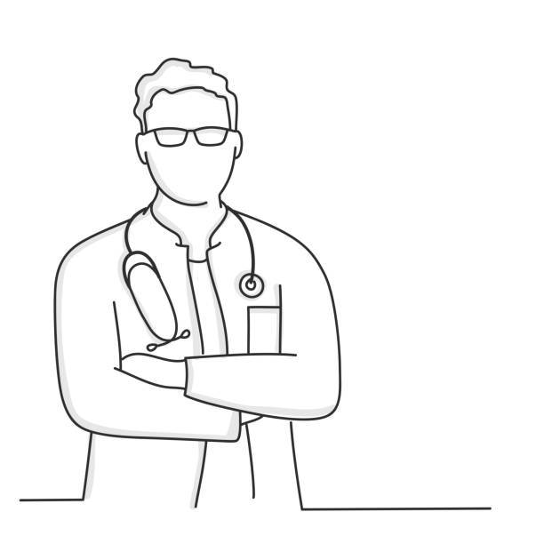 Male doctor in glasses with crossed arms. Hand drawn vector illustration of male doctor in glasses with crossed arms. doctor drawings stock illustrations