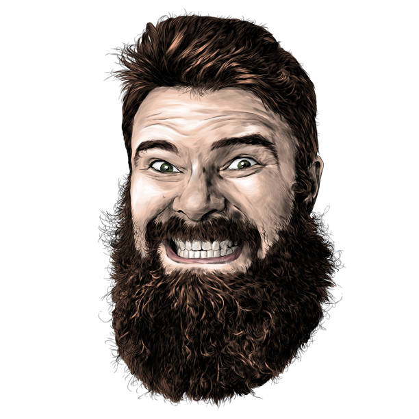 ilustrações de stock, clip art, desenhos animados e ícones de male face with long hair and beard with tight smile with teeth - barba