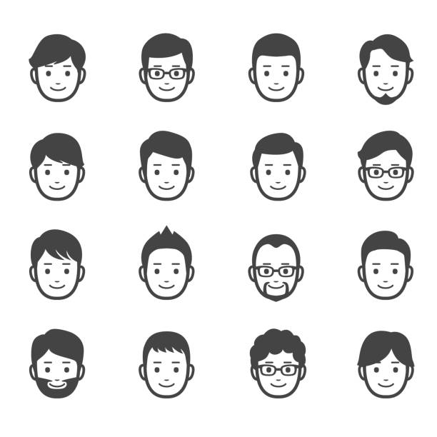 Male faces icons 16 male faces icons. eyeglasses illustrations stock illustrations