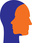 Vector illustration of orange and royal blue male and female faces overlapping.